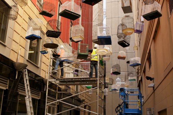 Forgotten songs, Angel Place. Originally installed as a temporary public art project in 2009, it was commissioned as a permanent artwork from the artist Michael Thomas Hill  It is one of Lord Mayor Clover Moore’s favourite works in the city. 