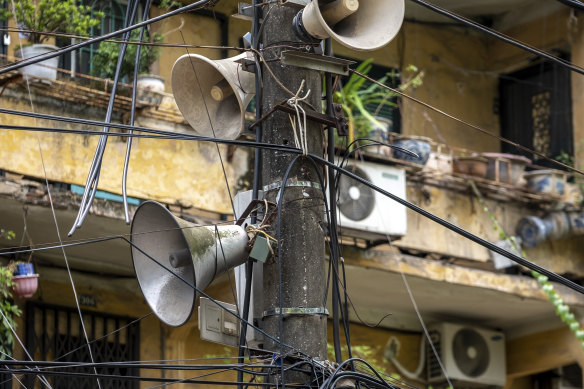 Obsolete technology: Loudspeakers in front of shops in Hoan Kiem District in Hanoi.