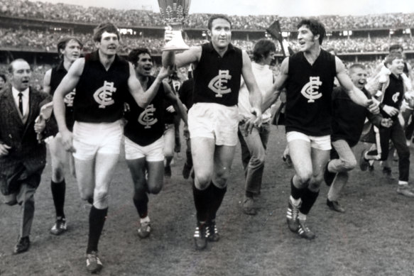 Carlton celebrate their comeback win over Collingwood in the 1970 grand final.