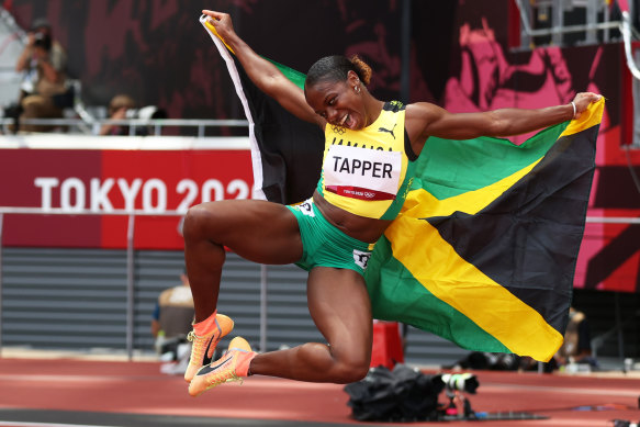 Tapper dance ... Megan Tapper of Jamaica after winning bronze in the 100m hurdles.