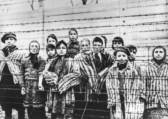 Jewish prisoners during their liberation from the Auschwitz concentration camp in January 1945. 