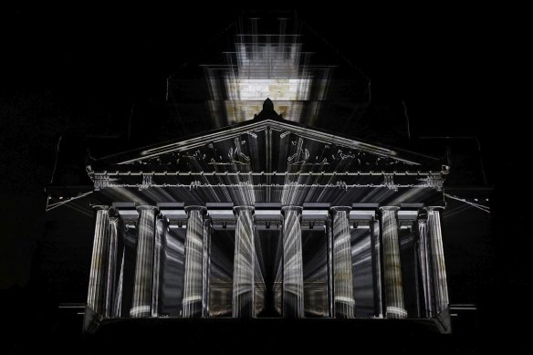 The Shrine of Remembrance is lit up by 3D mapping artist Laszlo Bordos on Thursday night.