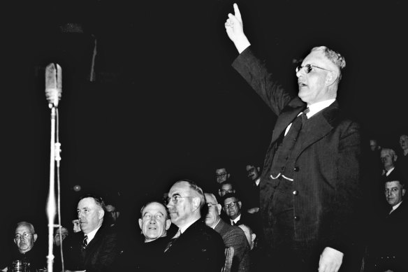 John Curtin’s speaks at a rally in 1942. Audiotapes of his speeches are under threat.