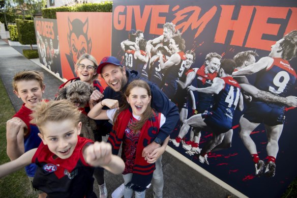 Mad Demon supporters Elliot and Naomi Swart and their kids Dylan, Jade and Blake in Caulfield North.