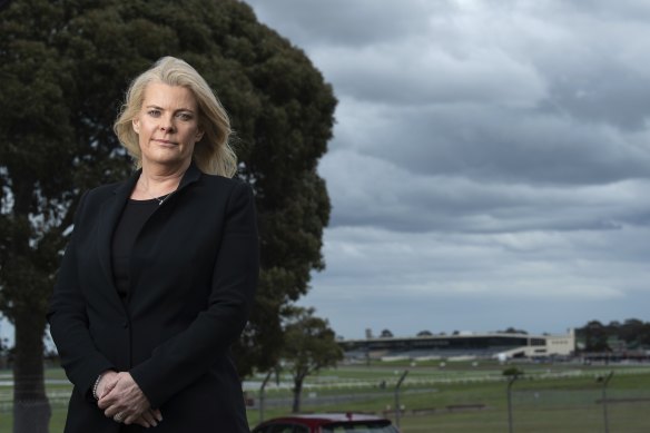 Shanyn Puddy at Sandown racecourse in Springvale on Friday. She is opposed to the racecourse’s redevelopment for housing, and is standing as a candidate for the Melbourne Racing Club board to stop the plan.