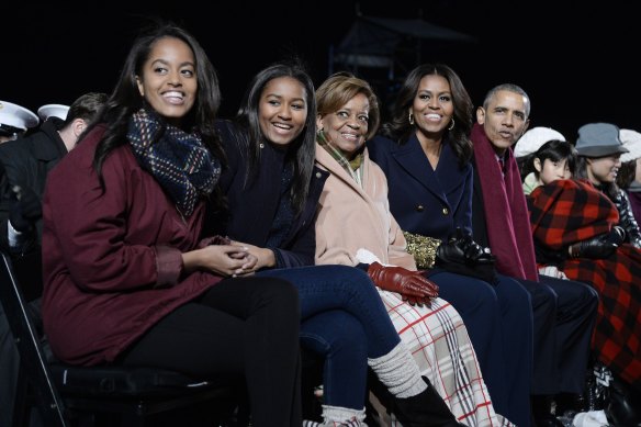 The Obamas (from left): Malia, Sasha, Marian Robinson, Michelle and then-president Barack Obama at the lighting of the White House Christmas tree in 2015.