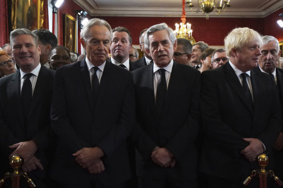 From left, Labour leader Sir Keir Starmer, former Prime Ministers Tony Blair, Gordon Brown and Boris Johnson ahead of the Accession Council ceremony at St James’s Palace, London.