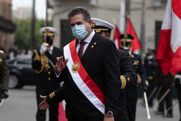 Manuel Merino, Peru's interim president, arrives for a swearing in ceremony in Lima, on Tuesday.