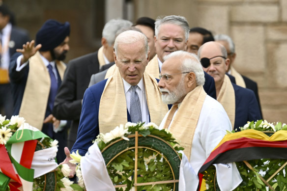 US President Joe Biden with Indian Prime Minister Narendra Modi and other G20 leaders including OECD Secretary-General Mathias Cormann  and German Chancellor Olaf Scholz in New Delhi last year.