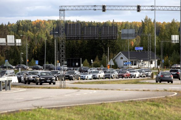 Cars queue to cross the border from Russia to Finland at the Nuijamaa border check point in Lappeenranta, Finland.