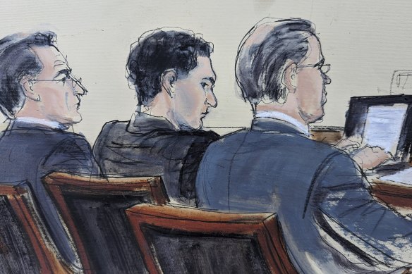 This courtroom sketch shows Samuel Bankman-Fried, centre, flanked by his defence attorneys Christian Everdell, left, and Mark Cohen, right, during the jury selection in his fraud trial.
