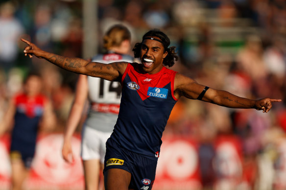 Kysaiah Pickett celebrates one of his six goals in round 18.