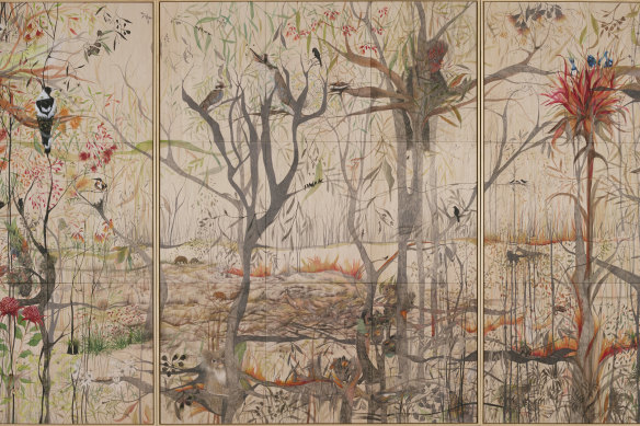 Wynne Prize 2020 finalist
Julianne Ross Allcorn's triptych 
Mollitium 2 honours the resilience of the Australian bush. 
