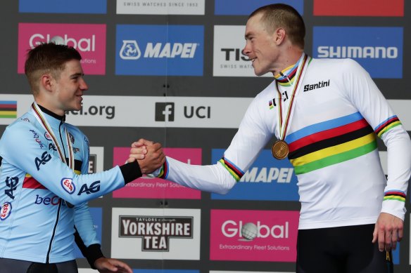 Rohan Dennis, right, with teen silver medalist Remco Evenepoel at the 2019 time trial world titles.