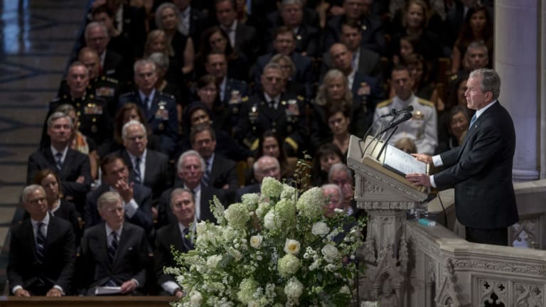 Former US President George W Bush speaks during the memorial service for late Senator John McCain at Washington National Cathedral in Washington, DC,  on Saturday.