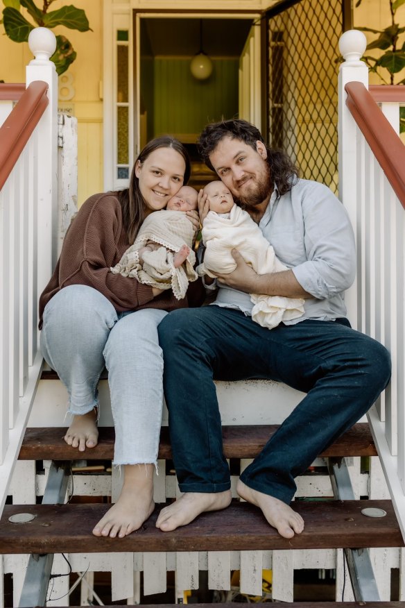 Matt Tervo and fiancee Stevy with their twin girls, Maeve and Mila, born in April.