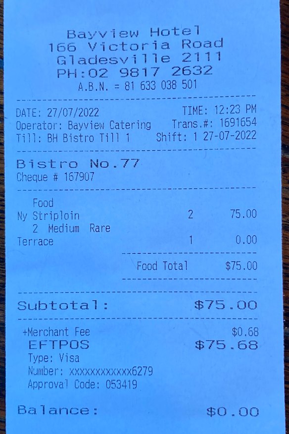 The receipt for the Herald’s lunch with Andrew Redmayne.