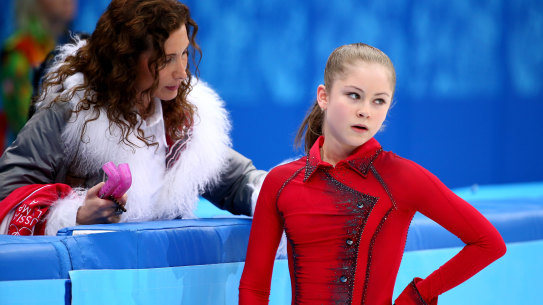 Yulia Lipnitskaya with her coach Eteri Tutberidze at the Winter Games in Sochi in 2014.