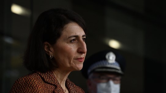 NSW Premier Gladys Berejiklian (left) during the COVID-19 update which announced 24 cases. St Leonards, NSW. 1st July, 2021. Photo: Kate Geraghty