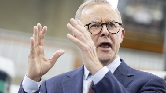 Opposition Leader Anthony Albanese during a doorstop interivew during a visit to Tritium, a manufacturer of ev chargers, in Murarrie, Queensland, on Tuesday 19 April 2022. April 2022. fedpol ausvotes22 