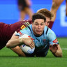 Halfback Mitchell Moses scores for NSW.