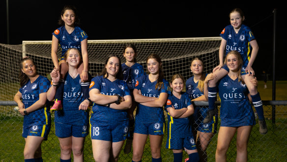 The number of girls taking up soccer is soaring, including at Diamond Valley United Soccer Club. From left:  Suné Du Plessis, Makayla O’Shea, Olive Mary Wilson, Laura Bertazzon, Lydia Maye Natoli, Charlise O’Shea, Elise Whitney, Jasmine Peters, Macey Davies and Lucy Buckley.