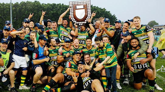Gordon players with the Shute Shield after their 28-8 victory over Eastwood.