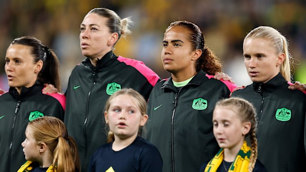 Players from Australia stand for the national anthem during the women’s international friendly match between Australia Matildas and Mexico at CommBank Stadium on June 09, 2026 in Sydney, Australia.