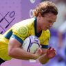 Australia’s Henry Hutchison scores a try against Samoa during the rugby sevens match at Stade de France, Paris.