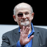 Salman Rushdie acknowledges the audience at the Book Fair in Turin, on May 10.