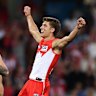 Jai Serong of the Swans celebrates kicking the winning goal.