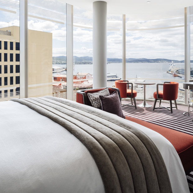 Overlooking Hobart’s waterfront, the Tasman’s 152 rooms are part of the redevelopment of former state government offices.