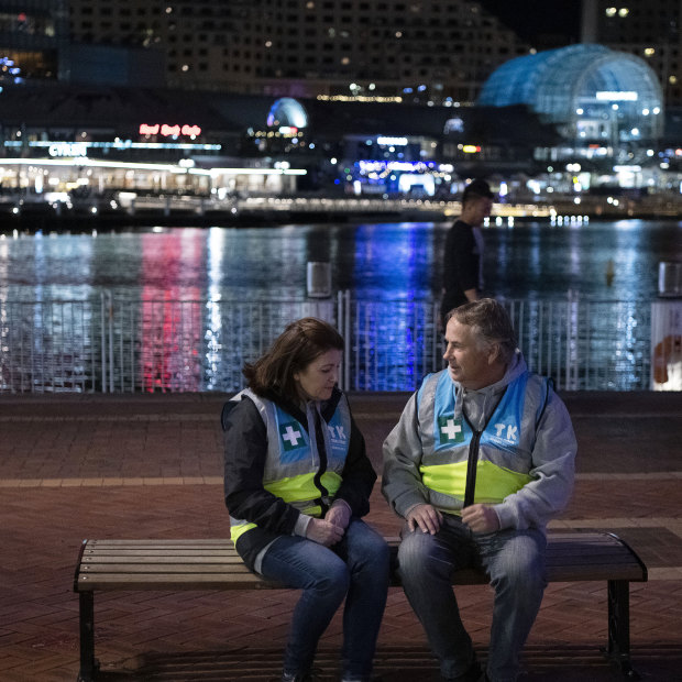 Kathy and Ralph Kelly in Sydney’s Darling Harbour, on patrol with the Take Kare program, which protects young people at night.