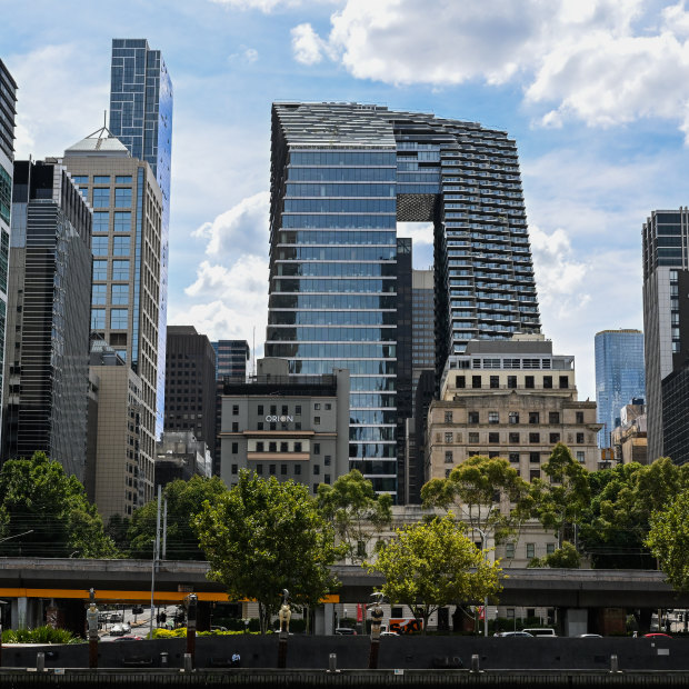 Collins Arch, also known as the “pantscraper”, as seen from the Yarra River.