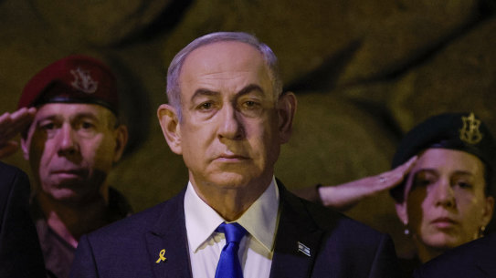 Benjamin Netanyahu at a wreath-laying ceremony marking Holocaust Remembrance Day at Yad Vashem, the World Holocaust Remembrance Centre, in Jerusalem on Monday.