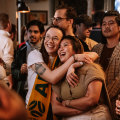 The crowd watching the nail-biting Matildas game at The Clock in Surry Hills.