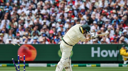 Steve Smith bowled by Josh Tongue during the MCG Ashes Test that ended in two days.