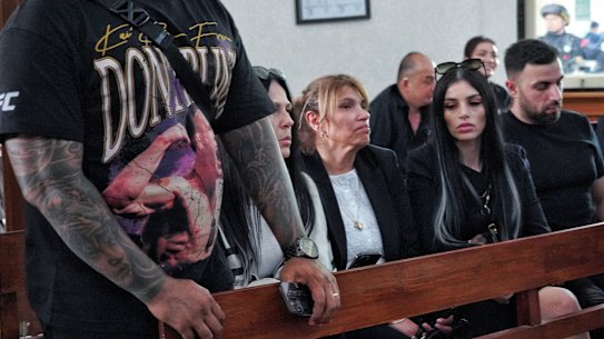 Jazmyn Gourdeas (second from right), the widow of Zivan Radmanovic, in Bali court supported by family at the start of the trial.