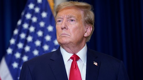 Former president Donald Trump speaks to the media after his court appearance.