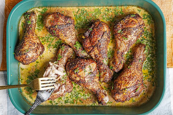 One-tray spiced chicken drumsticks make the most of the cheap cut.