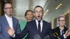 Greens leader Adam Bandt flanked by senators David Shoebridge, Dorinda Cox and Penny Allman-Payne on Thursday.