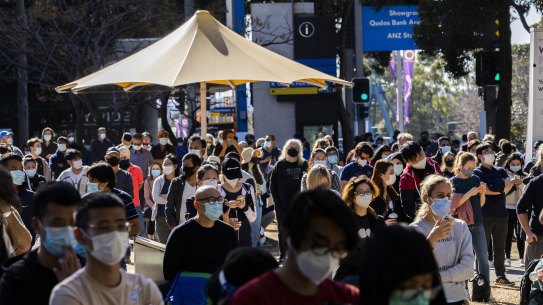 Vaccination queues at Sydney’s Olympic Park. 
