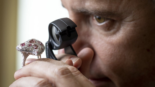 Patrick Coppens, general manager of sales and marketing at Rio Tinto Diamonds, with a rare Argyle pink diamond ring worth $6 million.