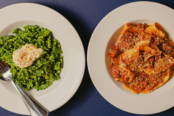 Madalfe corte (cavolo nero pesto and stracciatella) and the pappardelle (pork and fennel sausage ragu) at Fior.