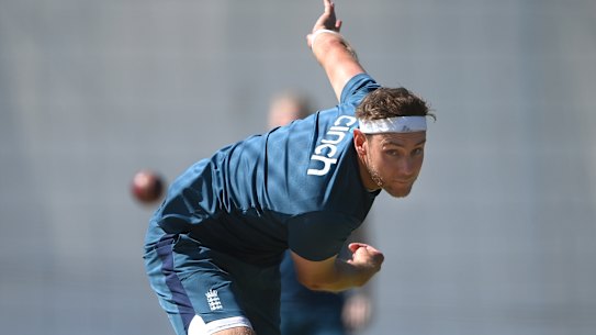 England player Stuart Broad in bowling action during an England nets session ahead of the first Ashes Test at Edgbaston.