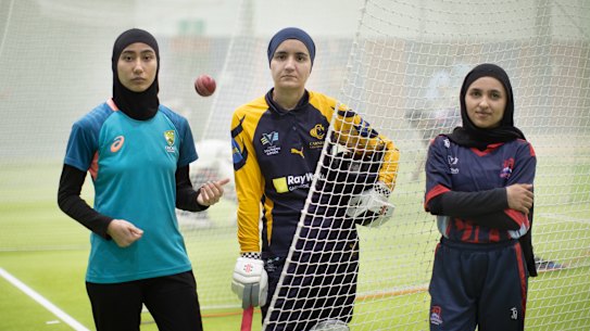 Afghanistan women’s cricketers Firooza Afghan (left), Friba Hotak and Firooza Amiri.