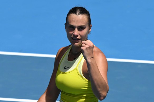 Sabelenka celebrates her win.