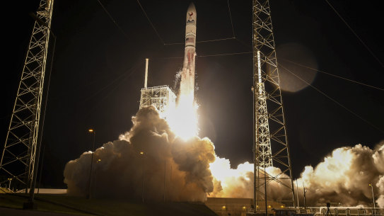 A United Launch Alliance Vulcan rocket lifts off from Cape Canaveral Space Force Station on Monday. This is the inaugural launch of the rocket, carrying Astrobotic’s lunar lander. 