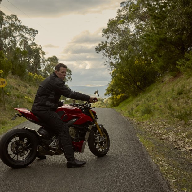 Perkins on his Ducati. “The uncomfortable bogan truth is that I’m a petrolhead.”