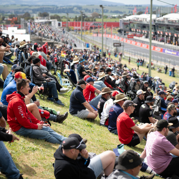 Spectators watch the qualifying and support races on the Friday before race day at the Bathurst 1000.